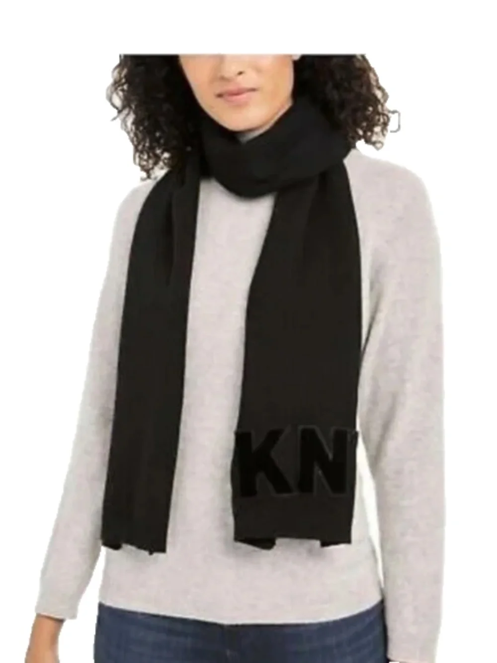(NWT) DKNY Women's 2 Pc. Black Logo Velvet Flocked Flat Knit Scarf & Beanie Set
